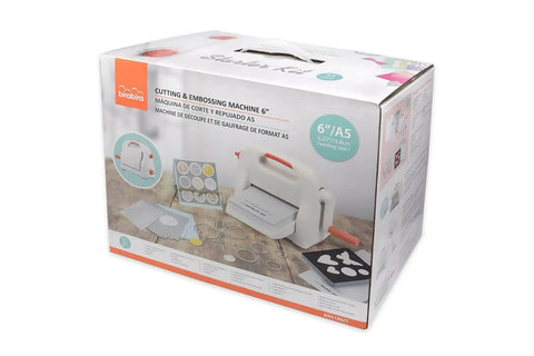 Box showing Ultimate Six Inch Adjustable Die Cutting and Embossing Machine Starter Kit with Fifteen Piece Accessory Set
