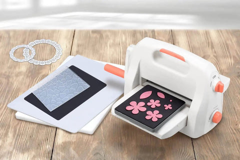 Die Cutting And Embossing Machine With Adjustable Height Gear System For Effortless Crafting, 9 inch opening on wooden table