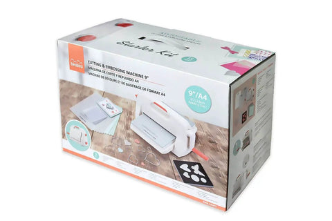 9 Inch Adjustable Die Cutting And Embossing Machine Starter Kit box showing contents and setup for crafts
