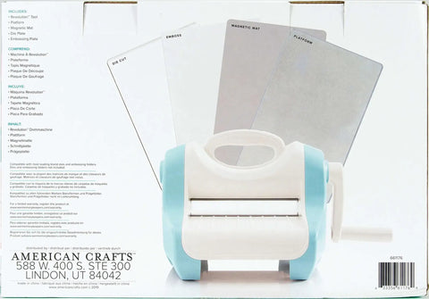 Front view of Revolution Portable Die Cutting And Embossing Machine With Magnetic Platform, including embossing and cutting plates.