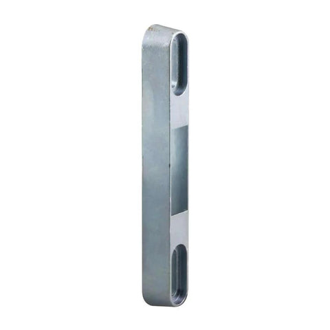 Side view of 3-1/8 In., Diecast, Aluminum Finish Sliding Patio Door Keeper (Single Pack) with adjustable mounting holes.