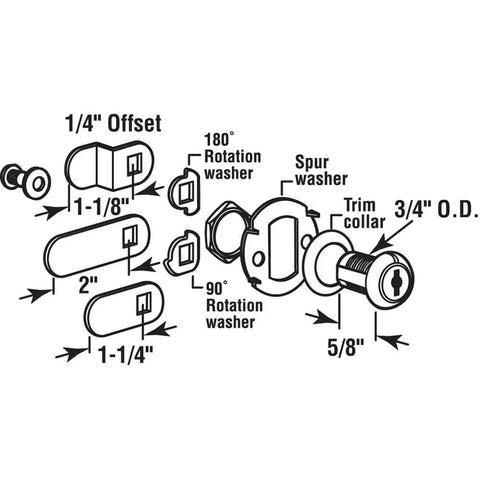 Diagram of secure drawers and file cabinets with a rugged stainless steel diecast lock set showing components and measurements