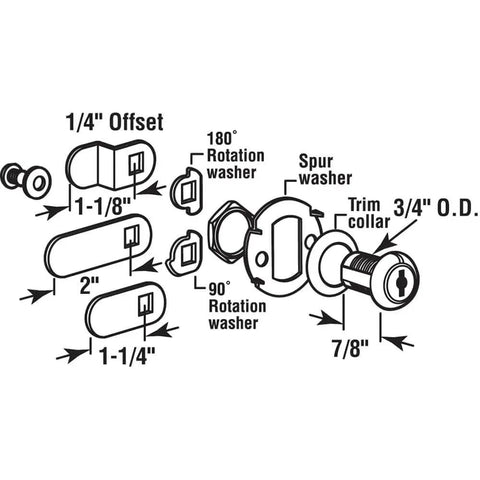 Illustration of Diecast Drawer And Cabinet Lock Kit With Three Cams Trim Collar Two Washers Two Keys And Fasteners.