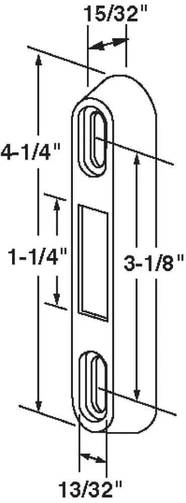 Diagram of 3-1/8 In., Diecast, Aluminum Finish Sliding Patio Door Keeper showing measurements and dimensions.