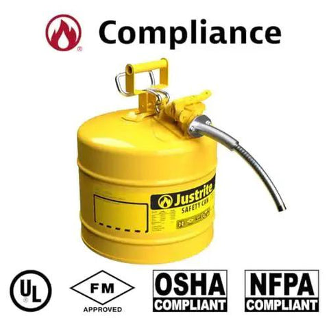 Front view of 5 Gallon Diesel Safety Can With Flame Arrester Self Closing Lid Flexible Five Eighth Inch Metal Spout Type II