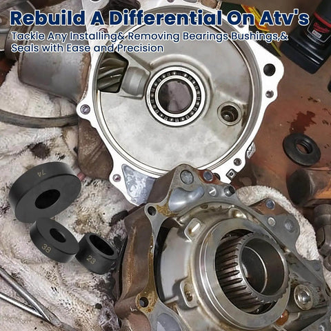 Differential repair with 52 In 1 Bushing Driver Set And Bearing Press Tool Kit parts for ATV differential assembly.