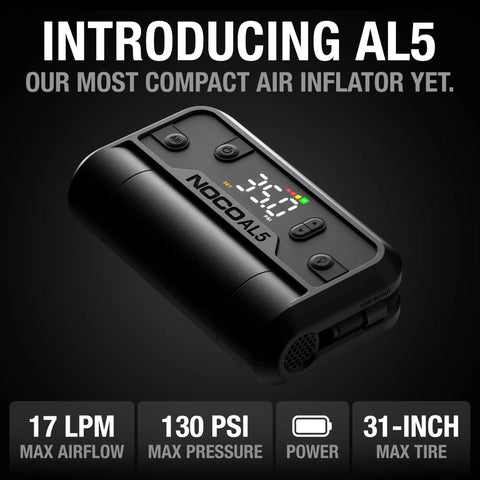 Air AL5 Cordless Tire Inflator With 5A Battery Power, Portable Digital Gauge, compact design, front view