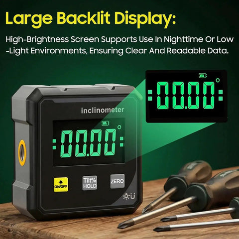 Angle Finder Inclinometer Protractor Tool With 4x90 Degree Range showing large LED display on wooden surface with screwdrivers