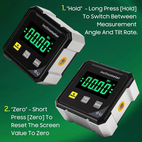 Angle Finder Inclinometer Protractor Tool with 4x90 Degree Range, High Accuracy, Large LED Display, and Magnetic Base on green background.