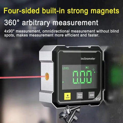 Angle Finder Inclinometer Protractor Tool With 4x90 Degree Range High Accuracy Large LED Display Magnetic Base USB Rechargeable