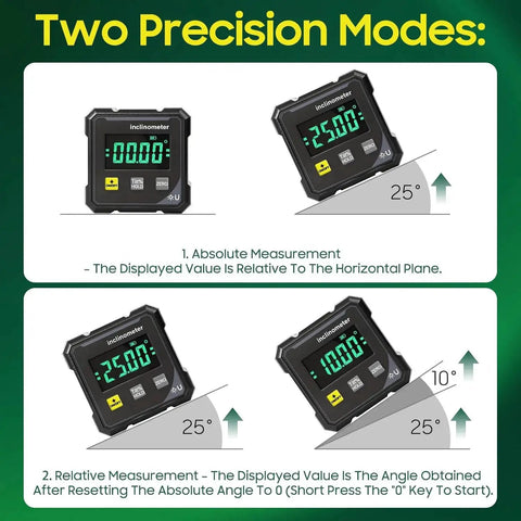 Digital Angle Finder Inclinometer Protractor Tool With 4x90 Degree Range LED Display showcasing precision measurement modes.