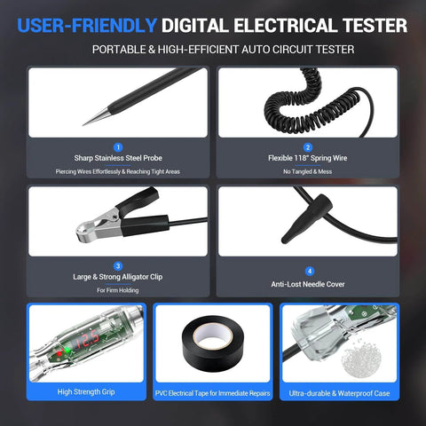 Automotive Test Light With Wide Range 3 To 70V LED Digital Voltage Display, Pro Grade Circuit Tester components and features