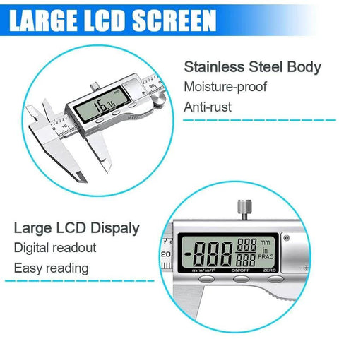 Digital Caliper Measuring Tool, Stainless Steel Vernier Caliper Digital Micrometer with Large LCD Screen showing precise readings