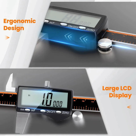 Digital Caliper, Rechargeable Calipers with Large LCD Screen showing ergonomic design and measurement reading, ideal for household use.