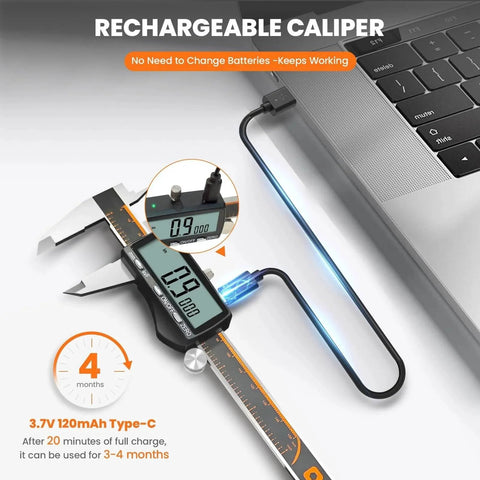 Digital Caliper, Rechargeable Calipers with Large LCD Screen connected to laptop, showing 0.99 inches, Type-C charging cable, 3.7V 120mAh.