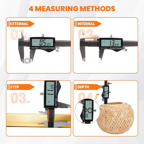 Digital Caliper, Rechargeable Calipers with Large LCD Screen showing 4 measuring methods: external, internal, step, depth.