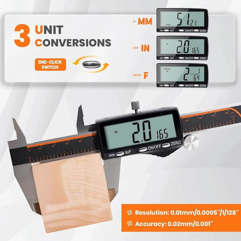 Digital Caliper, Rechargeable Calipers with Large LCD Screen showing multiple unit conversions for accurate DIY measurements.