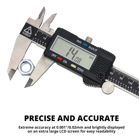 Electronic Digital Caliper Measuring Tool, 0 - 6 Inches Stainless Steel Construction with Large LCD Screen and nut being measured