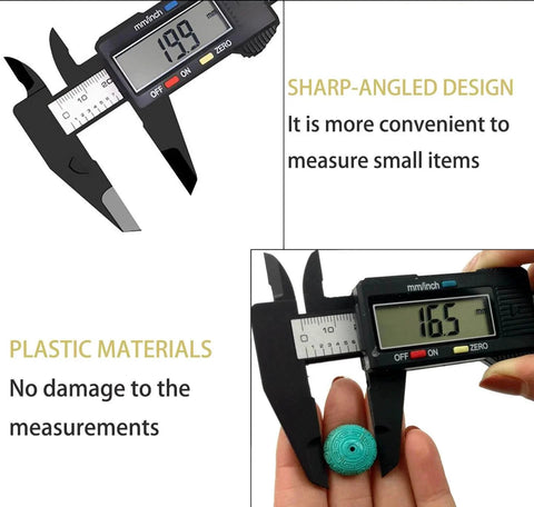 Electronic Digital Calipers, inch and Millimeter Conversion, close-up of LCD screen measuring tool on small objects, DIY/Jewelry Measurement