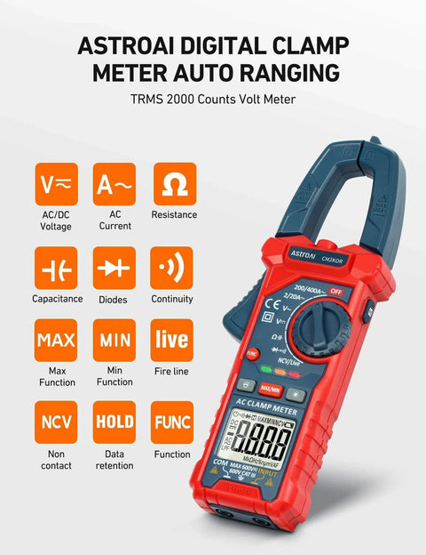 Digital Clamp Meter Multimeter 2000 Counts Amp Voltage Tester Auto-ranging with AC/DC Voltage, Resistance, Capacitance, NCV, Blue