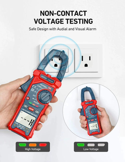 Handheld digital clamp meter multimeter testing non-contact voltage with AC/DC voltage, current, resistance features in use