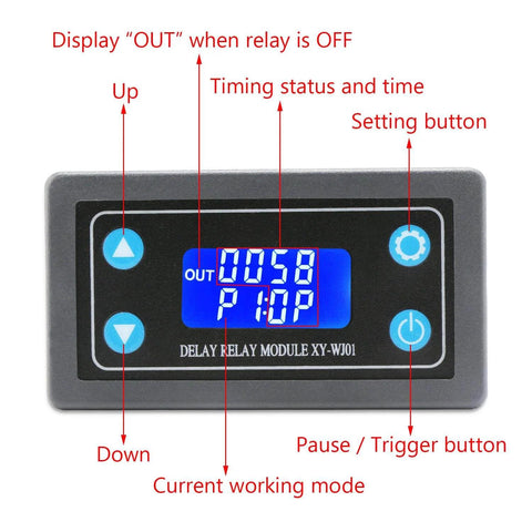 Front view of Digital Delay Relay Module For Go To Timing Control 6 To 30V DC 0.01 Seconds To 9999 Minutes with LCD display and controls.