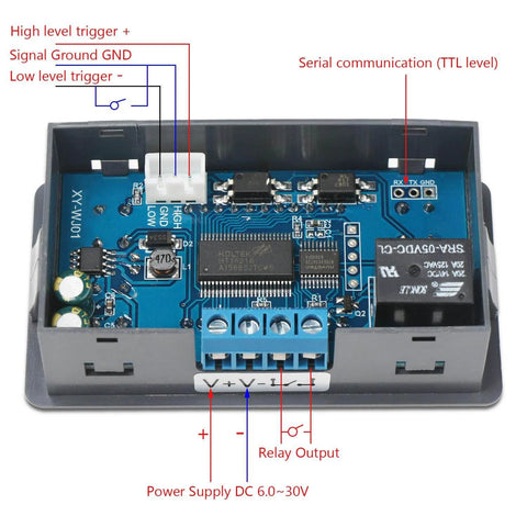 Front view of Digital Delay Relay Module For Go To Timing Control 6 To 30V DC 0.01 Seconds To 9999 Minutes 50mA High Or Low Trigger Button Control With LCD Display On Off Switch For Industrial DIY Projects showing terminal connections and board components.