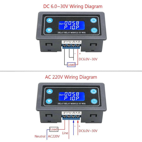Digital Delay Relay Module For Go To Timing Control 6 To 30V DC 0.01 Seconds To 9999 Minutes 50mA with LCD, wiring diagrams