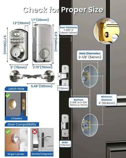 Keyless Entry Door Lock With Dual Lever Handles And Electronic Keypad Deadbolt For Easy Installation And Secure Access Across Front Or Interior Doors Ideal For Homes Rentals And Offices Satin Nickel Finish shown with measurements and door compatibility details.