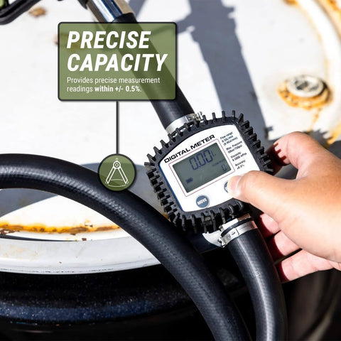 Close-up of TERA PUMP digital flow meter on 55 Gallon Drum Pump, showing precise capacity reading feature