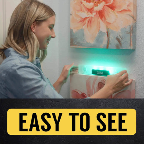 Woman using Sensors Light Level, Turns Green When Level, Digital/Electronic, 12-inch Magnetic Torpedo Leveler on wall art