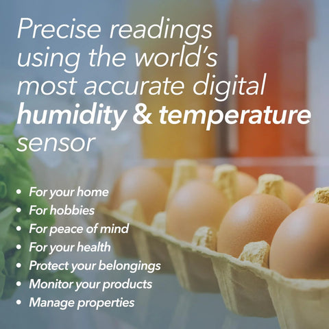 Close-up of Smart Indoor Outdoor Temperature And Humidity Monitor With App Monitoring And Heat Index For Fridge RV And More No Fuss Setup In Seconds And Real Time Alerts For Temperature Humidity And Battery Status SensorPush beside eggs, showcasing application.