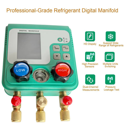 HVAC digital manifold gauge set by Vanlison with teal body, blue LOW knob and red HIGH knob, brass fittings