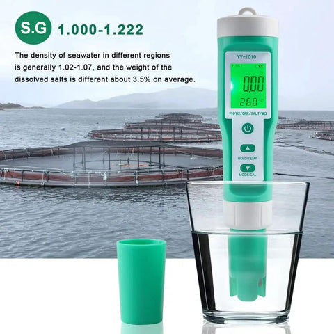 Hydrogen Water Tester 10 In 1 Digital Water Meter in glass near fish farm, showing S.G. measurement on screen