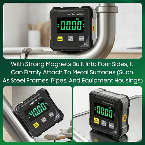 Angle Finder Inclinometer Protractor Tool with 4x90 Degree Range and large LED display on pipe, magnetic base for hands-free use.