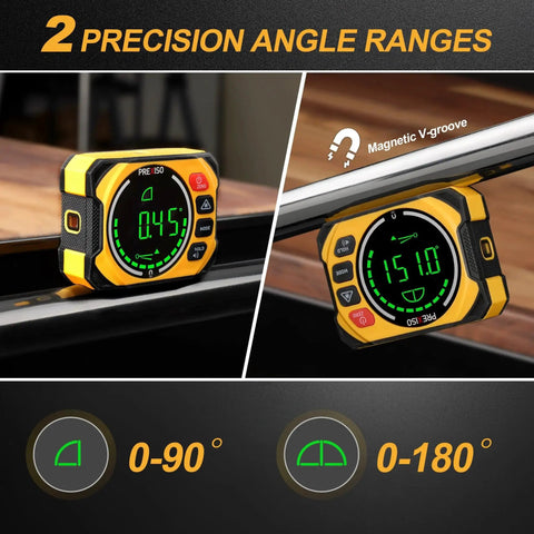 Two views of a Three In One Digital Laser Level With Magnetic Wall Mount Base And Digital Angle Gauge For Woodworking And Home Improvement Cross Line Laser With 0 To 90 Degree And 0 To 180 Degree Angles And Hands Free Mount For Picture Hanging Frames Sawing And More, showcasing angle readings and magnetic V-groove feature.