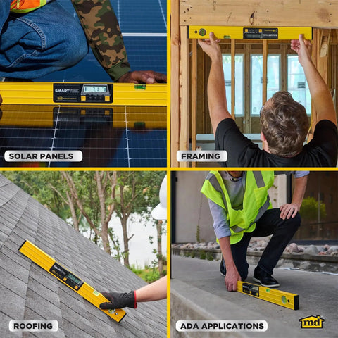 Rugged 48 inch digital level with a clear LCD readout and audible alerts used on solar panels, framing, roofing, and ADA applications.