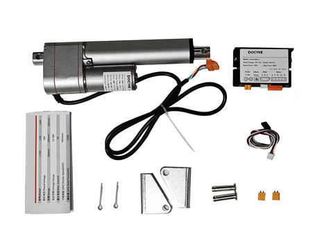 DOCYKE digital linear servo actuator kit with 150mm stroke, silver actuator and black motor, controller box and brackets