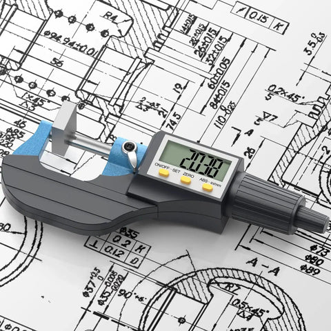 Digital Micrometer 0 To 1 Inch And 0 To 25 Mm With Large LCD Display 0.00005 Inch on technical blueprint background