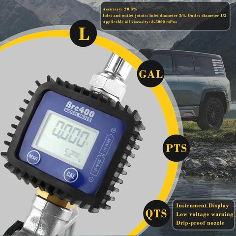 Oil Control Valve Meter Nozzle One Half Inch Inlet Digital Dispenser With LCD Metering Gun shown with vehicle in background