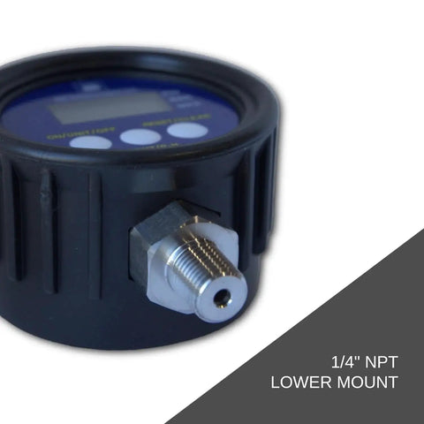 Digital Pressure Gauge With LCD Display For Industrial Use User Friendly Easy Readout Battery Powered By 9V Battery Included 1 Percent Accuracy 300 Psig Maximum Operating Pressure One Quarter Twenty Eighteen NPT Male Connector Auto Battery Saver Durable with 1/4 NPT lower mount