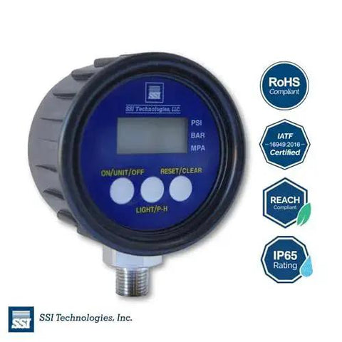 Digital Pressure Gauge With LCD Display For Industrial Use User Friendly Easy Readout Battery Powered By 9V Battery Included 1 Percent Accuracy 300 Psig Maximum Operating Pressure One Quarter Twenty Eighteen NPT Male Connector Auto Battery Saver Durable.