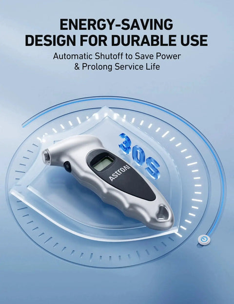 Front view of Digital Tire Pressure Gauge 0 To 150 PSI With Backlit LCD And Presta Valve Adaptor Included, silver with LCD display.