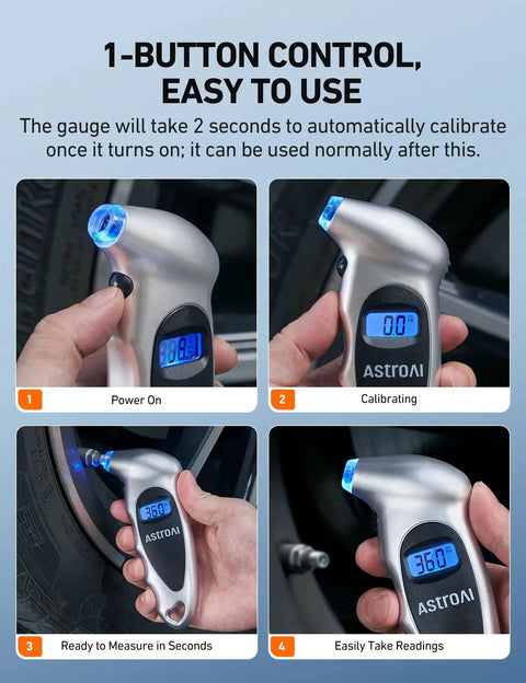 Digital Tire Pressure Gauge 0 To 150 PSI With Backlit LCD And Presta Valve Adaptor Included, four view montage of usage