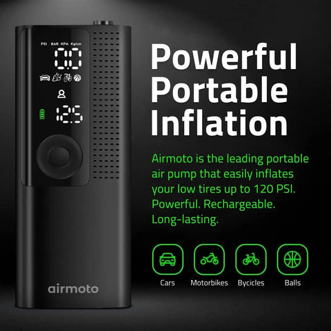 Portable Tire Inflator Air Compressor With Digital Pressure Gauge LED Light And Auto Shut Off For Cars Trucks SUVs Motorcycles Bicycles And Balls Cordless Pump Quickly Inflates Up To 120 PSI With Precise Readings In A Compact Easy To Store Design, front view.