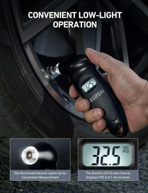 Digital Tire Pressure Gauge 0-150 PSI with 0.1 PSI Accuracy, backlit LCD, compact black, measures car tire pressure, handheld use