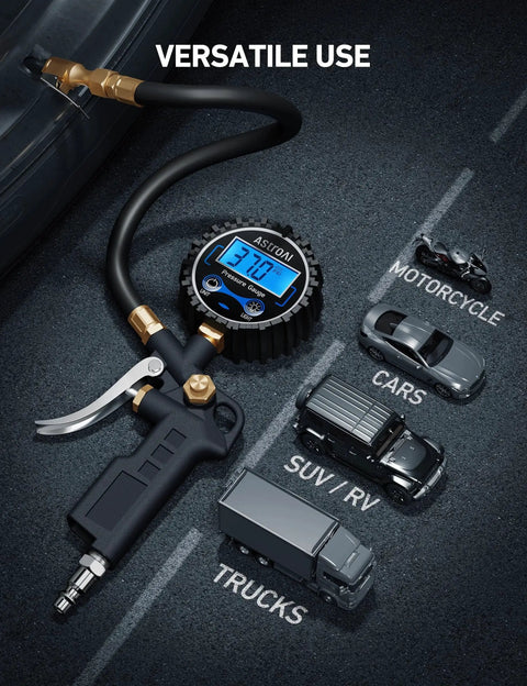 Digital Tire Pressure Gauge With Inflator 3 to 250 PSI Air Chuck And Quick Connect Coupler used on various vehicles
