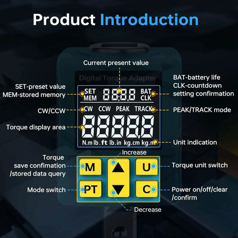 Digital display of Heavy-duty Digital Torque Adapter, showing settings and modes for auto machinery repairs