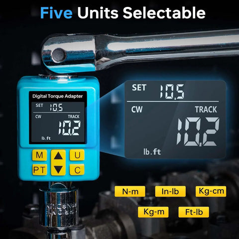 Heavy-duty Digital Torque Adapter, (±1% Accuracy, 40-300Ft-lb), 1/2" Torque Wrench Adapter displaying units for auto repairs.