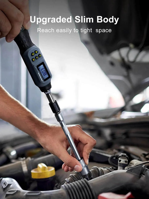Using digital torque screwdriver, 2.66-53.1 in-lbs/0.3-6 Nm, 1/4'' drive inch pound, in car maintenance with LED and buzzer.